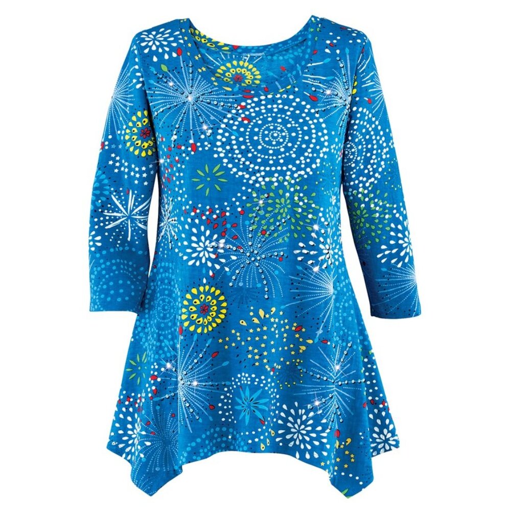 New XXL Blue Sparkling Sequin Festive Fireworks Display SharkBite Knit Tunic